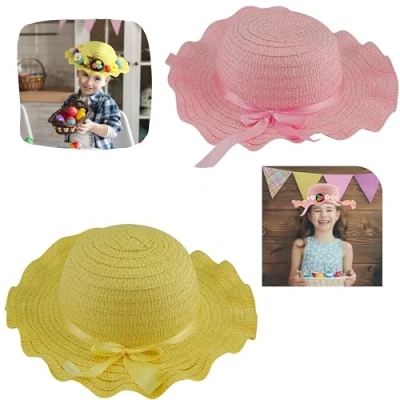 Image of Easter Bonnet for Kids with Ribbon Straw Woven Colourful Decorative Hat Ideal to Decorate School Parade Great Accessory seasonal celebrations Size 29cm (Yellow &amp; Pink Bonnets)