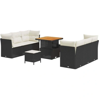 Image of vidaXL 9 Piece Garden Sofa Set with Cushions Black Poly Rattan Acacia