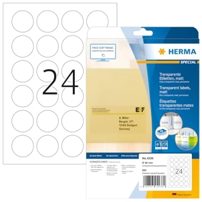 Image of HERMA Self Adhesive Clear Seal Labels, 24 Labels per A4 Sheet, 800 Sheets, Ø 40 mm, 19200 Blank Round Sealing Stickers, Sticky Dots for Laser Printer, Transparent