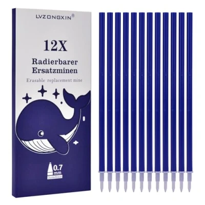 Image of LVZONGXIN Refills, Compatible with Legami, [Blue, Pack of 12], Tip 0.7 mm, Height 13 cm, Erasable Rollerball Pen (BLU0, 12)