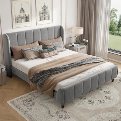 Image of ModernLuxe Upholstered Double Bed, 4FT6 Bed Frame with Soft Backrest, Metal Underbed Bracket and Solid Wooden Slatted Frame, Vertical Stripe Design, No Mattress, Velvet Grey, 135x190cm