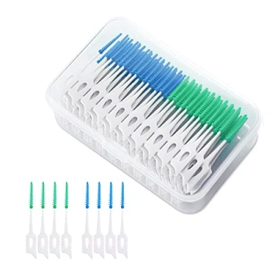 Image of VIKSAUN 200 Pieces Tooth Floss Picks Interdental Brush Flosser Sticks, Brushes, Silicone Dental Picks, Oral Clean Toothpick Cleaning Tool (Blue Green)