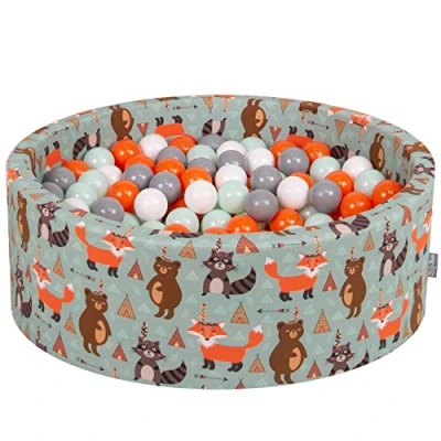 Image of KiddyMoon Soft Ball Pit Round 90X30cm/200 Balls ∅ 7Cm / 2.75In For Kids, Foam Pool Baby Playballs Children, Fox Green:Orange/Mint/Grey/White