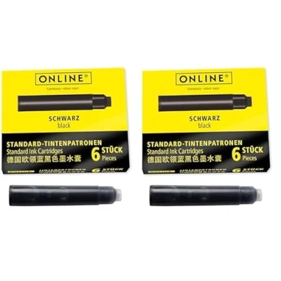 Image of ONLINE standard ink cartridges, universal fountain pen ink, compatible with all common pens, replacement cartridges for pens and rollerballs, 6 pieces, colour black