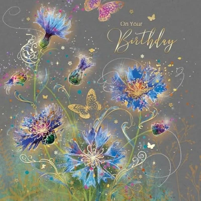 Image of Cherry Orchard Female Blue Flowers Birthday Card Gold Foiling and Envelope
