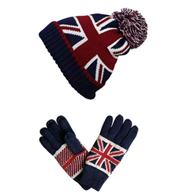 Image of No.1 Gifts Unisex Union Jack Bobble Beanie Hat &amp; Full Fingered Gloves (Gloves Hat)