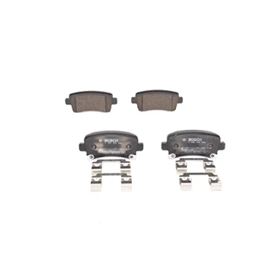 Image of 13343451, 1604104, 22846363 Brake pad set BOSCH 0 986 494 586 Low Metallic with acoustic wear warning anti squeak plate, mounting manual