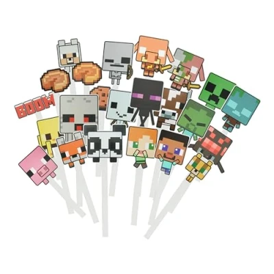Image of Minecraft Photo Props Pack Officially Licensed Featuring Creeper, Zombie, Axolotyl Alex and Steve, 58 40 Sticks, Birthday Party Booth Supplies Decorations for Gamers Paladone
