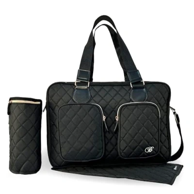 Image of My Babiie Changing Bag Tote With Insulated Bottle Holder, Portable Mat, Baby Travel Bag, Nappy Messenger 2 Front Pockets Billie Faiers Quilted Black