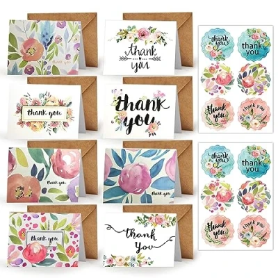 Image of Yoolly 8 Pack Thank You Cards, Greeting Cards Multipack with Envelopes and Stickers, for Teachers, Graduation, Wedding, Family, Birthday, Business (Flowers)