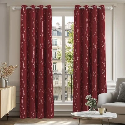 Image of Deconovo Foil Dotted Line Printed Eyelet Curtains Blackout Thermal Insulated for Girls Bedroom Red W55 xL96 One Pair
