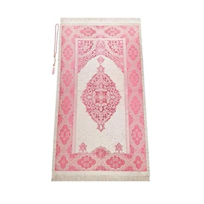 Image of Miss Tesettür Muslim Prayer Rug with Beads Janamaz Sajadah Soft Islamic Gifts Carpet Mat, Chenille Fabric, Fuchsia