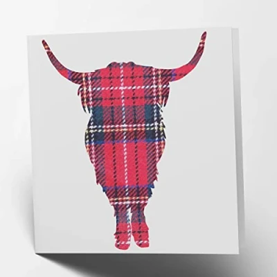 Image of Maturi Standing Highland Cow Tartan Greetings Card Blank Inside, 15.5 x cm Square