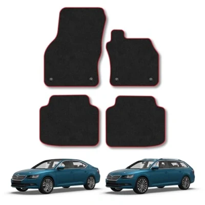 Image of Car Mats Compatible with Skoda Superb (2015 ) Tailored Fit Red Carpet Floor Set Accessory Custom 4 Pieces Anti Slip Backing &amp; Binding Trim Edge