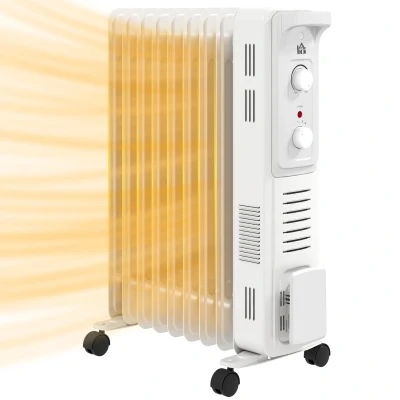 Image of HOMCOM 2000W Oil Filled Radiator, 9 Fin Energy Efficient Portable Electric Heater with 3 Heat Settings, Adjustable Thermostat, Safety Tip Over, Overheat Protection, for Home, White
