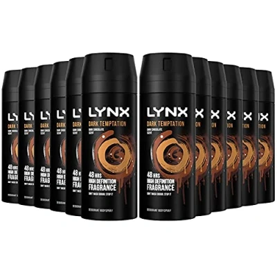 Image of 12 Pack of 150ml Lynx Dark Temptation Body Spray Deodorant with Scent Chocolate