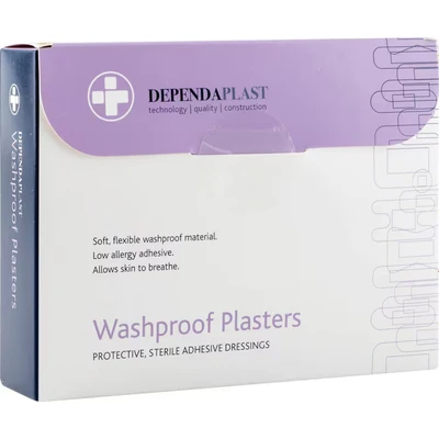 Image of Dependaplast Washproof Plasters Assorted, Flexible PU Plastic Film, Secure Adhesive, Breathable, Waterproof Box of 100