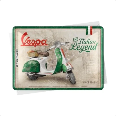 Image of Nostalgic Art Retro Tin Postcard 10 x 14 cm Vespa Italian Legend Gift Idea for Scooter Fans Metal Mini Sign Greeting Card