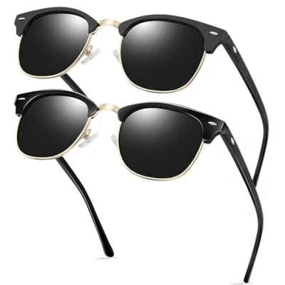 Image of KANASTAL 2 Pairs Black Gold Sunglasses Semi Rimless Mens Womens Polarized Retro Vintage Horn rimmed UV400 Protection Glossy +Matte
