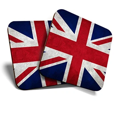 Image of Great Coasters (Set of 2) Square/Glossy Quality Coasters/Tabletop Protection for Any Table Type Union Jack Flag GB UK England #2240