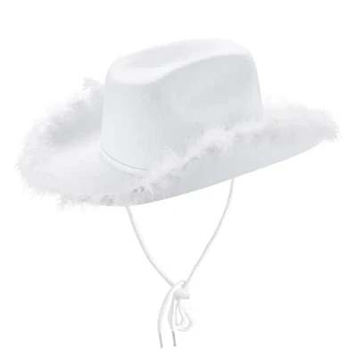 Image of Cowboy Hats for Women Fluffy Feather Brim LED Cowgirl Hat Bachelorette, Costume Party, Play Dress Up (White)