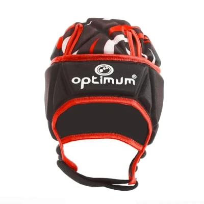 Image of Optimum Junior Razor Rugby and Football Headguard Full Coverage Scrum Cap Breathable, Soft Edged, Lightweight Protective Headgear Black/Red, Large