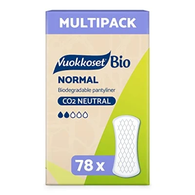 Image of Vuokkoset Bio Eco Pantyliner Biodegradable Thin 6.1 Inch Multipack 78 pcs for Sensitive Skin Organic Cotton Free of Dyes, Fragrances &amp; Chlorine Friendly, Absorbent Core