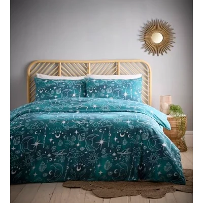 Image of Charlotte Thomas Celestial Green Duvet Cover Set Sun, Moon and Stars Bedding Dark Bed Lining with Pillowcase Single