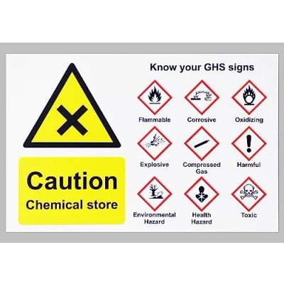 Image of Caution chemical store GHS COSHH poster safety sign Self adhesive sticker (200mm x 150mm)