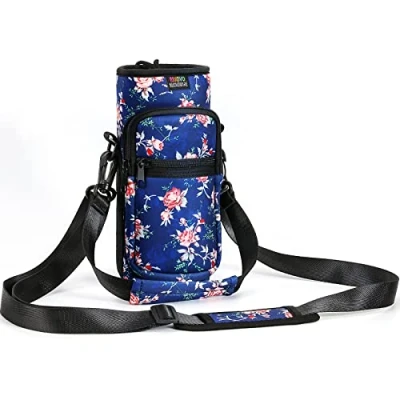 Image of Nuovoware Water Bottle Carrier Bag, 25oz/32oz Pouch Holder, Adjustable Shoulder Hand Strap 2 Pocket Sling Neoprene Sleeve Sports Accessories for Hiking Travelling Camp, Blue Peony