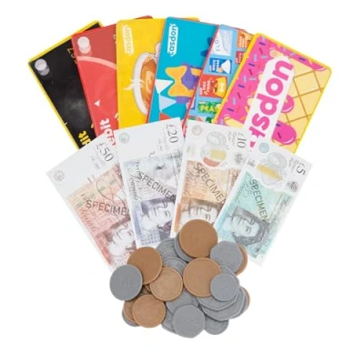 Image of Casdon Play Money &amp; Pretend Cards Set (£) Complete Financial Toy Kit Includes 80 Notes and 40 Coins Perfect for Kids 3+!, Gbp