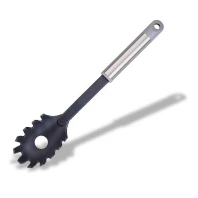 Image of Fackelmann MODE Spaghetti Spoon, Tong, Server, PBT Plastic Non Stick Function Head &amp; Stainless Steel Handle with Hanging Loop, 32 x 6 4 cm, Black, Grey Silver