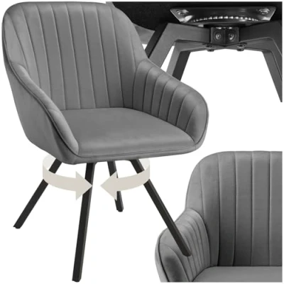 Image of TecTake® Velvet Armchair with Steel Legs, Continuous Arm &amp; Backrest, Soft Padding, 360 Swivel Chair Height Adjustable Feet Easy Assembly Ideal Dining Room, Kitchen Office Grey