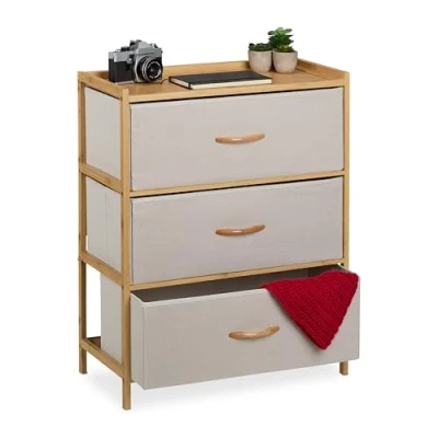Image of Relaxdays Dresser, Storage Unit, Bamboo, 3 Fabric Drawers, Hallway, Bedroom, 73 x 57.5 30 cm, Cabinet, Natural/Beige