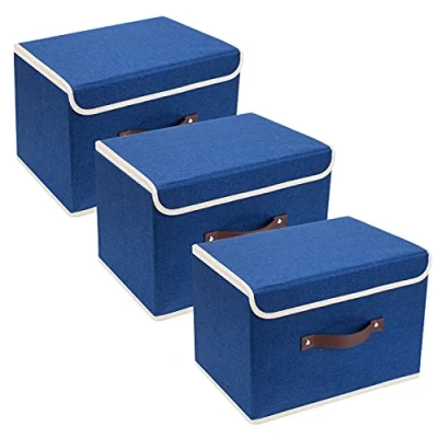 Image of TYEERS Collapsible Storage Box with Lid, Fabric for Clothes, Wardrobe Storage, 38x25x25 cm, Set of 3, Classic Blue