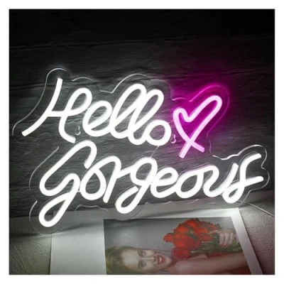 Image of XENITE Hanging Art Neon Signs Hello Gorgeous Sign Letter LED Light Wedding Home Room Bedroom Decoration USB Powered Wall Lamp Illuminated 42cmx25.5cm(White)