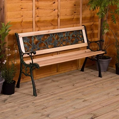Image of Home Discount Garden Vida Bench, Rose Style Design 3 Seater Outdoor Furniture Seating Wooden Slats Cast Iron Legs Park Patio Seat