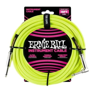 Image of Ernie Ball 18 ft Braided Straight Angle Inst Cable Neon Yellow