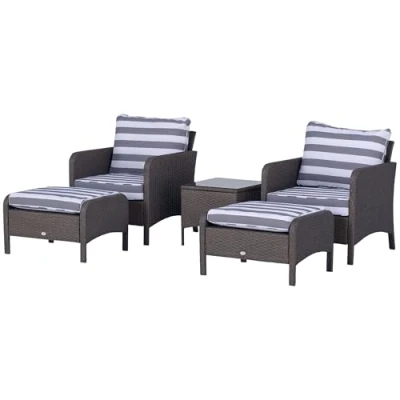 Image of Outsunny 5 Pieces PE Rattan Garden Furniture Set with 10cm Thick Padded Cushions, Wicker Weave Outdoor Seating Chairs 2 Armchairs, Stools, Glass Top Table, Dark Grey