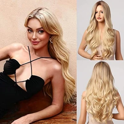 Image of Honygebia Blonde Middle Part Wig Long Wavy Ombre Blond Wigs with Dark Roots for Women, Curly Synthetic Heat Resistant Hair, Natural Looking Cute Halloween/Christmas/Cosplay/Party