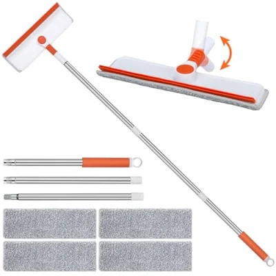 Image of Alyvisun Professional Window Cleaning Equipment with 132cm Extendable Pole and Bendable Head, 2 in 1 Cleaner Tool Silicone Squeegee 4pcs Microfibre Scrubber for High Windows