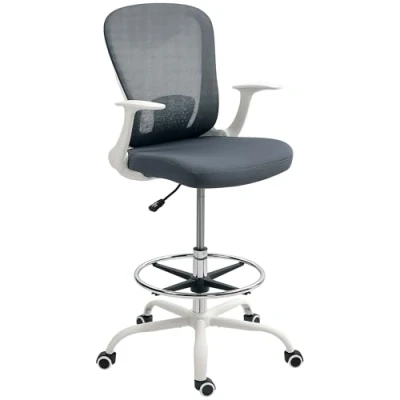 Image of HOMCOM Drafting Chair, Swivel Draughtsman Ergonomic Office Mesh Standing Desk Chair with Flip up Armrest, Lumbar Support, Adjustable Foot Ring, Grey