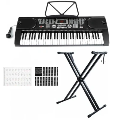 Image of Crystals® 61 Keys Teaching Type Electronic Lighted Keyboard Digital Music Instrument Piano &amp; Microphone with Stand Black (With Double Braced Stand)