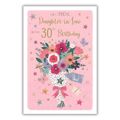 Image of Daughter in Law 30th Birthday Card Age 30 Floral Bouquet and Butterflies Special Finishes Illustrated Insert Leaf Made the UK