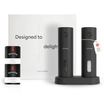 Image of LARS NYSØM Electric Spice Mills &amp; Spices Gift Set Salt and Pepper with 2 high Quality Jars (Salt, Pepper) Beautiful Box (Carbon Black)