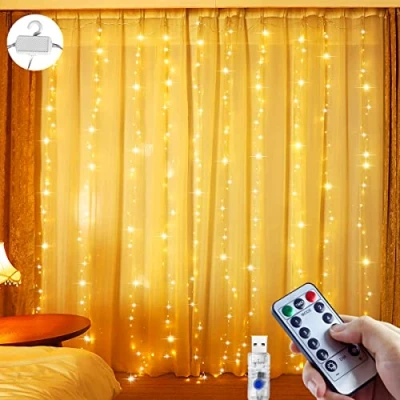 Image of CHOIGN LED Light Curtain 3 x m, 200 LEDs Indoor USB Warm White Fairy Lights Window with 10 Hooks for and Outdoor Decoration Bedroom Party Wall Balcony