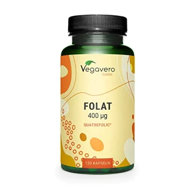 Image of Vegavero Natural Folic Acid Pregnancy 400mcg NO Additives Vitamin B9 Quatrefolic® (5 MTHF) Methyl Folate Supplements for Preconception &amp; Maternal Tissue Growth 120 Vegan Capsules