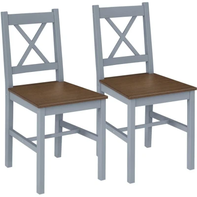 Image of Pine Wood Dining Chairs Set of 2 with Cross Back for Living Room, Kitchen Grey