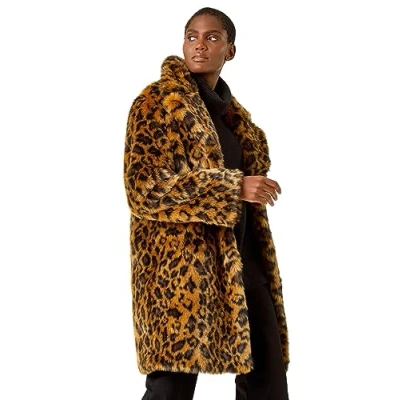 Image of Roman Originals Women Faux Fur Coat Ladies Jackets Teddy Bear Plush Casual Soft Fluffy Textured Oversized Warm Cosy Autumn Winter Flattering Tan Leopard Size 12