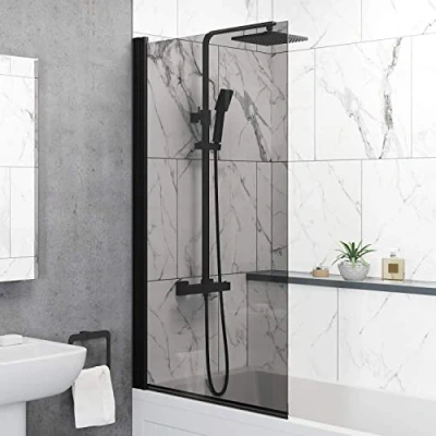 Image of BAYSTONE Over Bath Shower Screen Frameless Black Square 6mm Safety Glass Panel 800mm